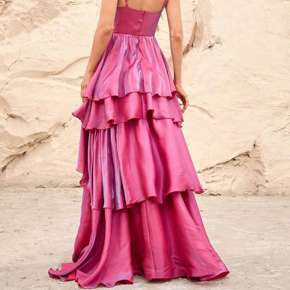 Rose Red Party Layer Hem Chiffon Cami Dress - Picture 3 of 5